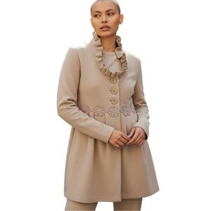 Charlie & Robin Anthropologie Beige Ruffle Collar Laine Wool Sweater Coat Size M